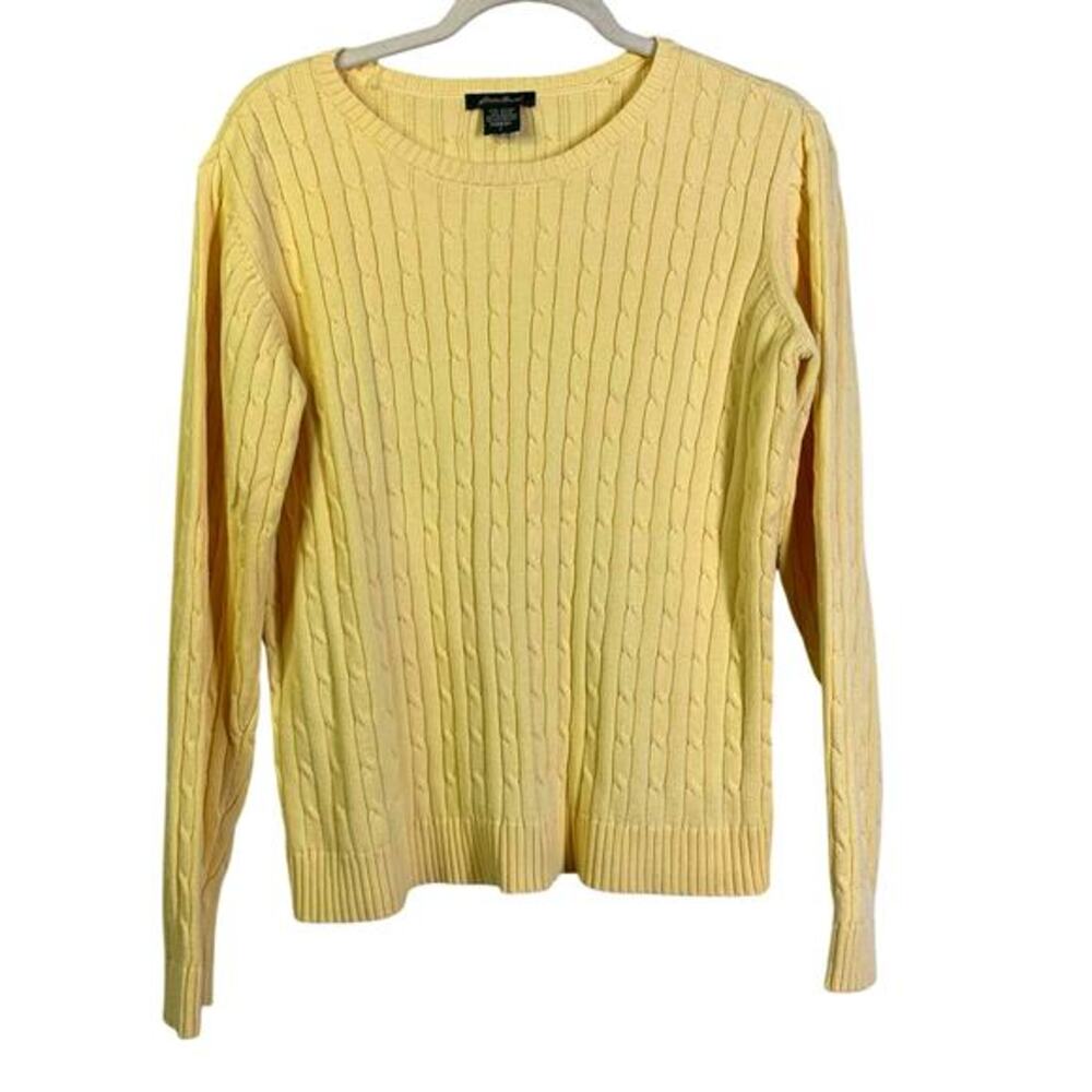 EDDIE BAUER Sweater Large Yellow Vintage Crew‎ Neck Cable Knit Cotton Preppy